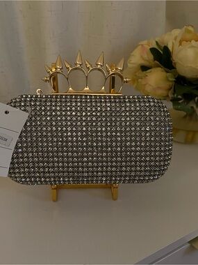 Crystal Embellished Silver Evening Clutch with Gold Knuckle Handle